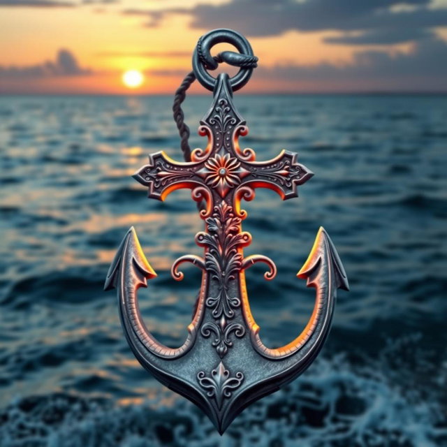 A beautiful, decorative anchor intertwined with a detailed, ornate cross