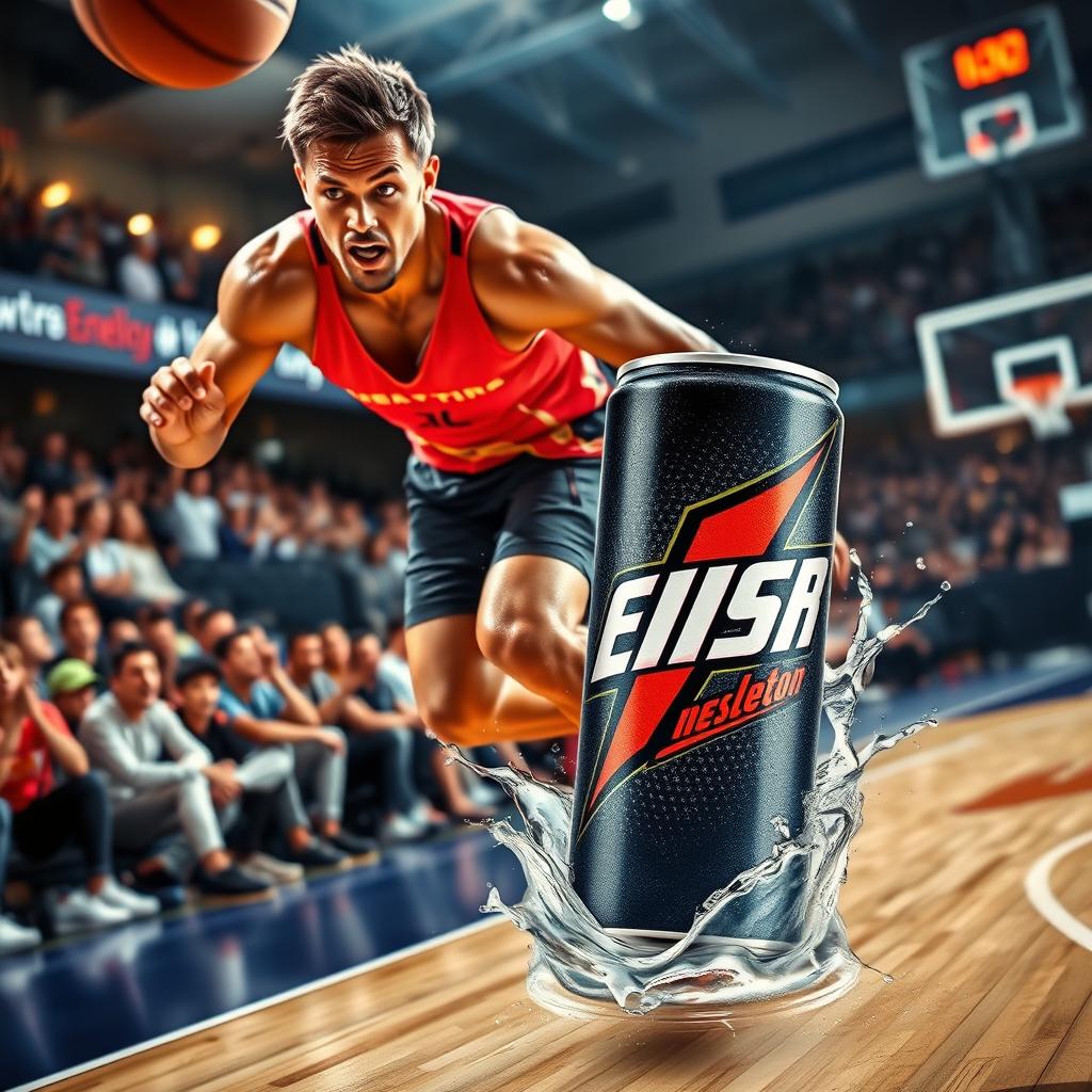 An eye-catching advertisement for a new energy drink, featuring an athlete in mid-action on a basketball court, captured in dynamic motion with sweat glistening off their skin, vibrant colors highlighting the drink's branding, and a striking logo prominently displayed