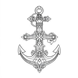 A detailed outline drawing of a decorative anchor intertwined with an ornate cross, designed specifically for coloring
