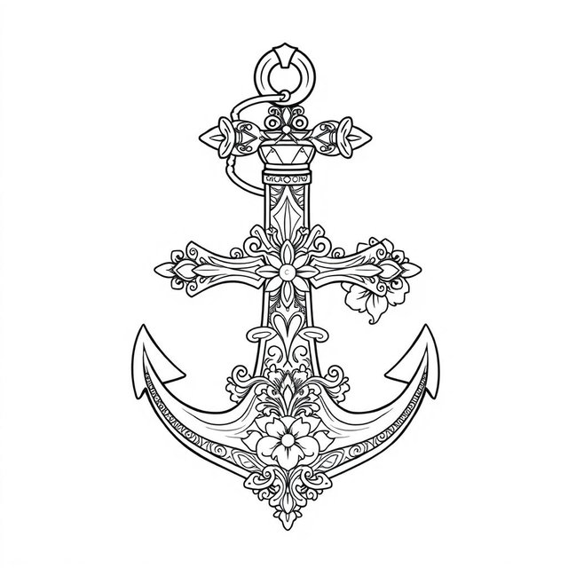 A detailed outline drawing of a decorative anchor intertwined with an ornate cross, designed specifically for coloring
