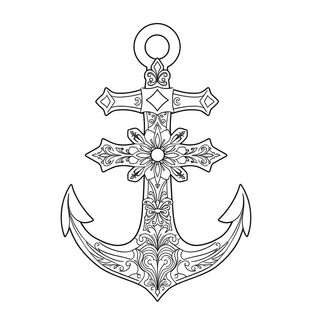 A detailed outline drawing of a decorative anchor intertwined with an ornate cross, designed specifically for coloring