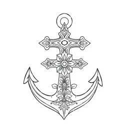 A detailed outline drawing of a decorative anchor intertwined with an ornate cross, designed specifically for coloring