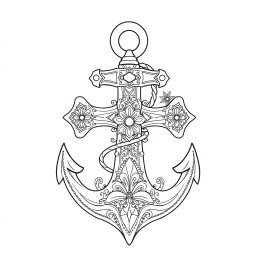 A detailed outline drawing of a decorative anchor intertwined with an ornate cross, designed specifically for coloring