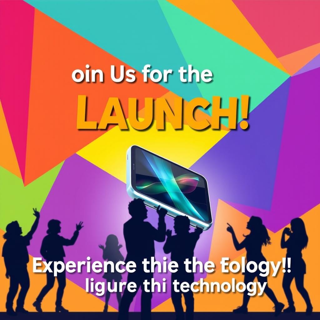 A vibrant, colorful promotional poster for a modern tech gadget launch event, showcasing an innovative smart device with a sleek design