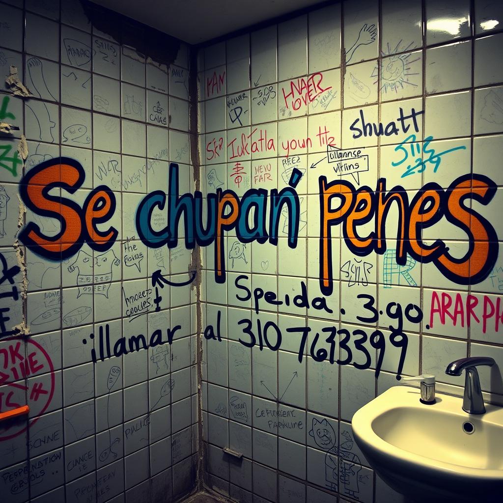 A bathroom wall covered in graffiti where bold, vibrant letters spell out the phrase 'Se chupan penes' followed by a phone number 'llamar al 310 7613398'