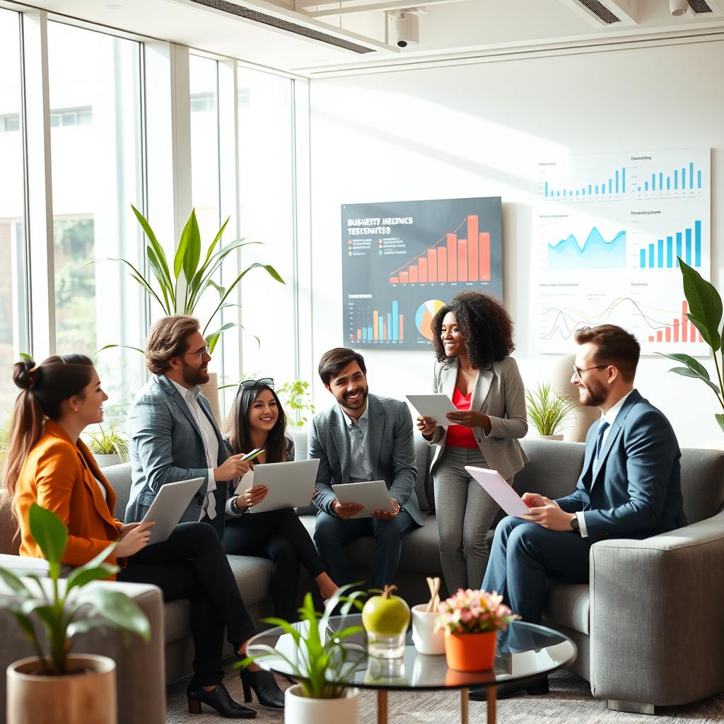 A vibrant and dynamic scene showcasing a modern and successful business environment