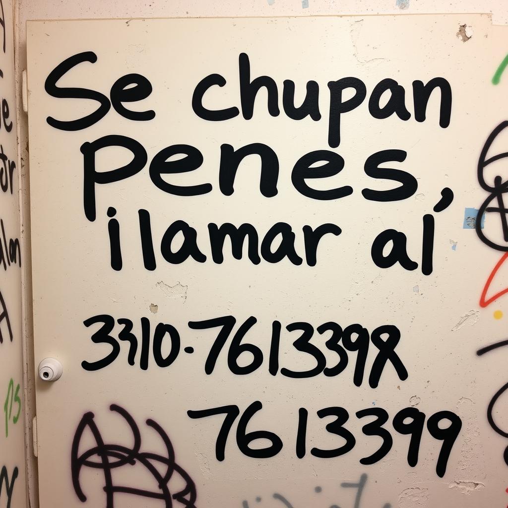 A restroom wall covered in graffiti, featuring large, bold letters written with a sharpie that say, "Se chupan penes, llamar al 310 7613398"