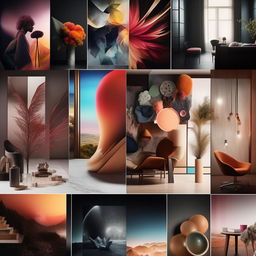 A high-definition, editorial quality mood board styled in a modern conceptual fashion. It consists of five panels that are replete with stunning visuals and vibrant colors.