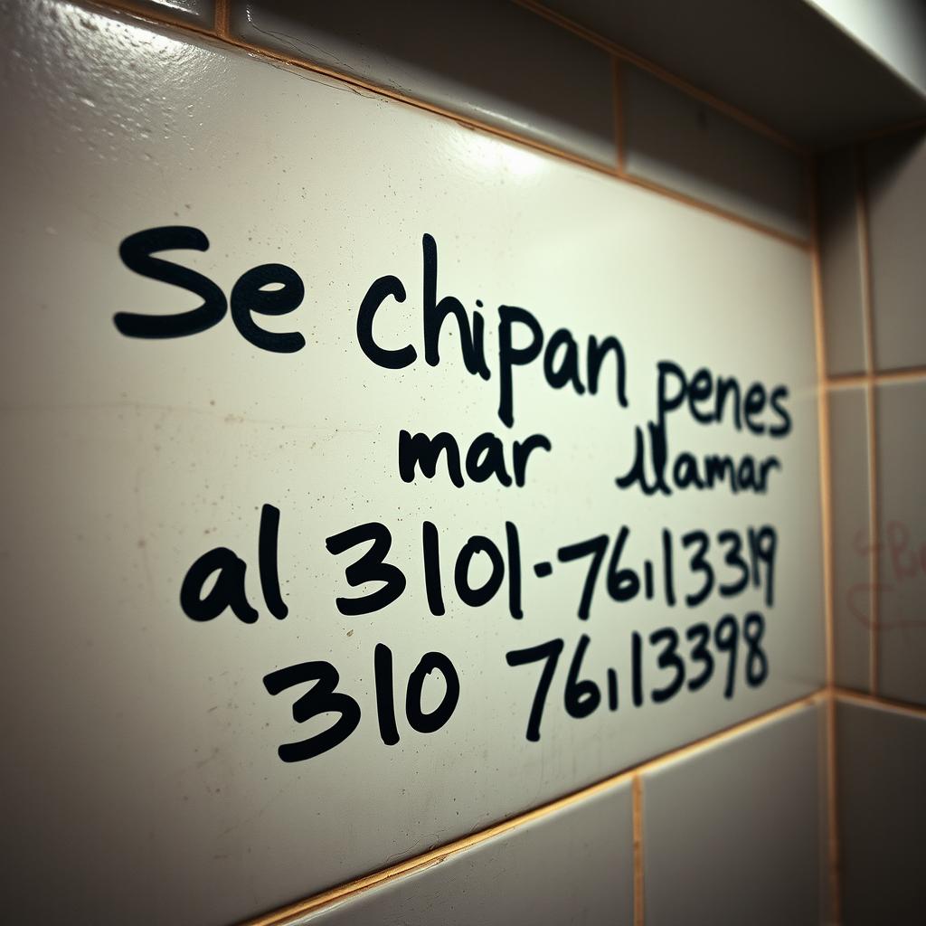 A close-up image of a bathroom wall featuring graffiti-style writing made with a black Sharpie
