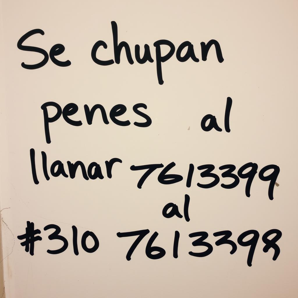 A close-up view of a bathroom wall featuring bold handwriting in marker that reads 'Se chupan penes llamar al 310 7613398'