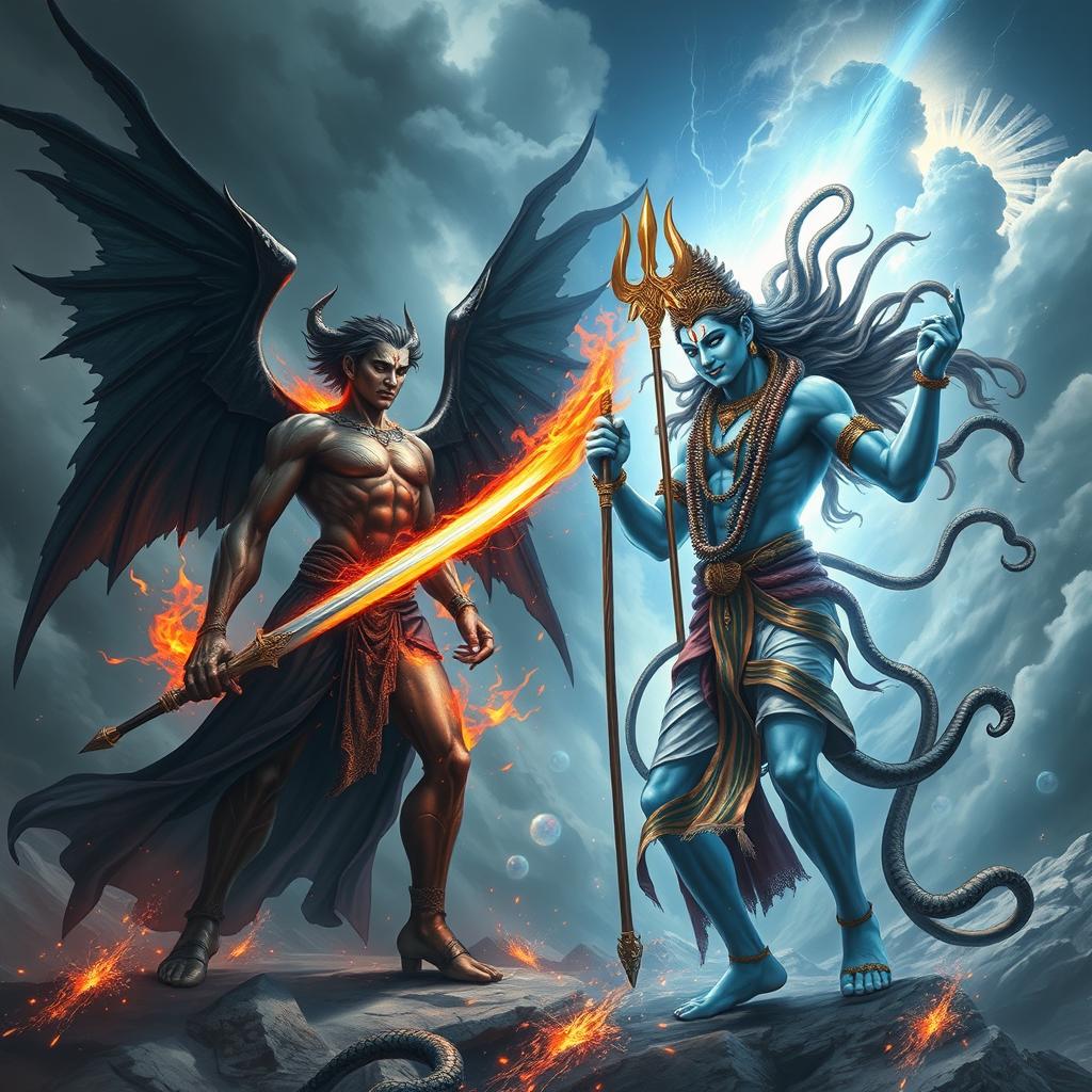 A dramatic scene depicting a fierce battle between Lucifer and Shiva, showcasing contrasting elements of chaos and tranquility