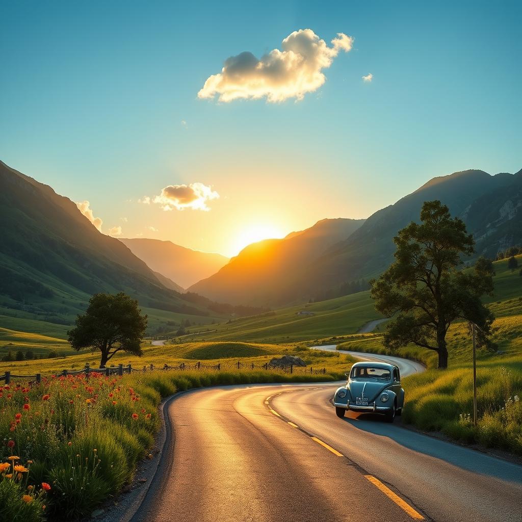 A picturesque landscape of a winding road through a lush green valley surrounded by mountains