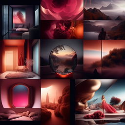 A high-definition, editorial quality mood board styled in a modern conceptual fashion. It consists of five panels that are replete with stunning visuals and vibrant colors.