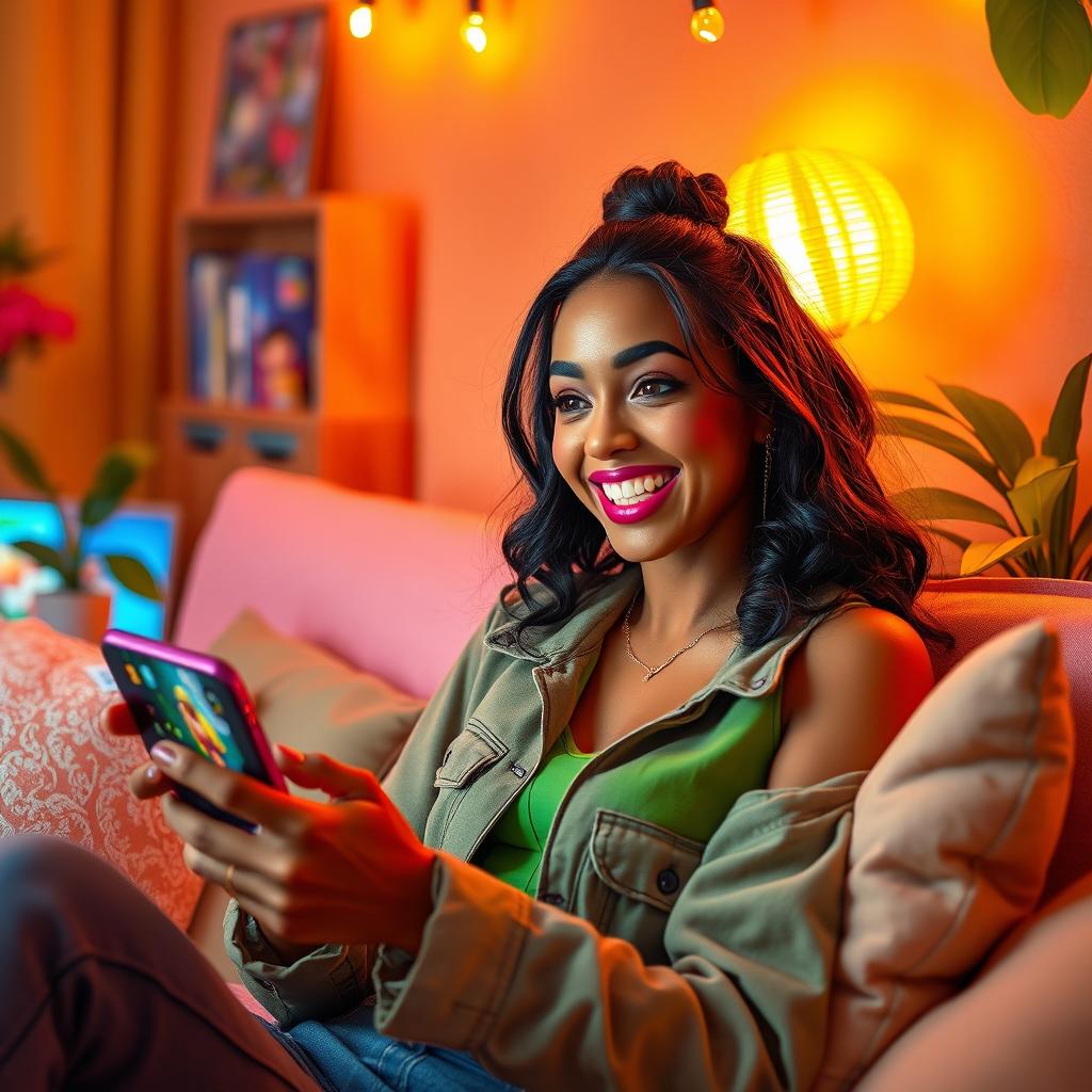 A vibrant scene featuring a tamarind woman joyfully playing mobile video games