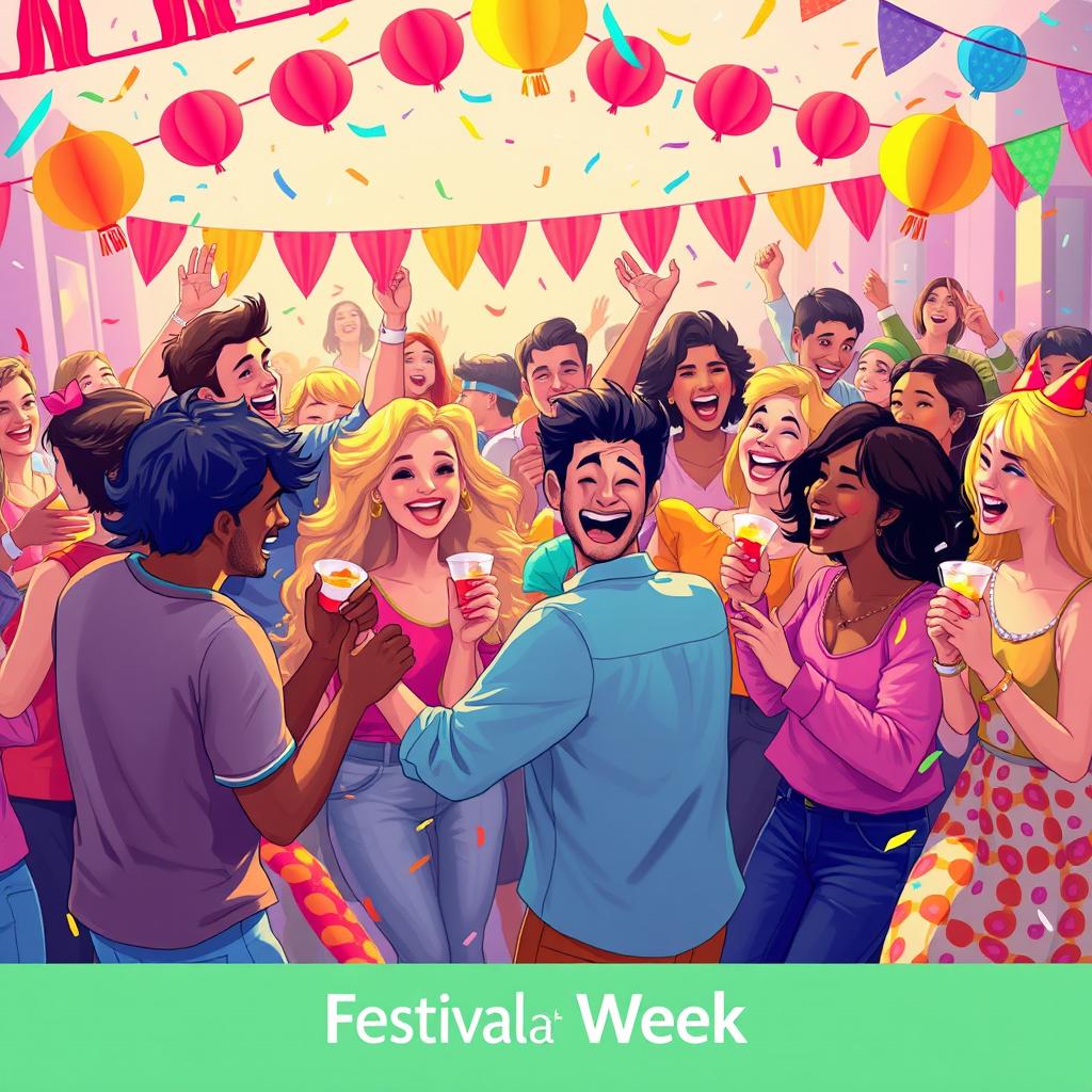 A colorful and energetic digital illustration depicting a vibrant festival scene where people are celebrating together with joy and excitement