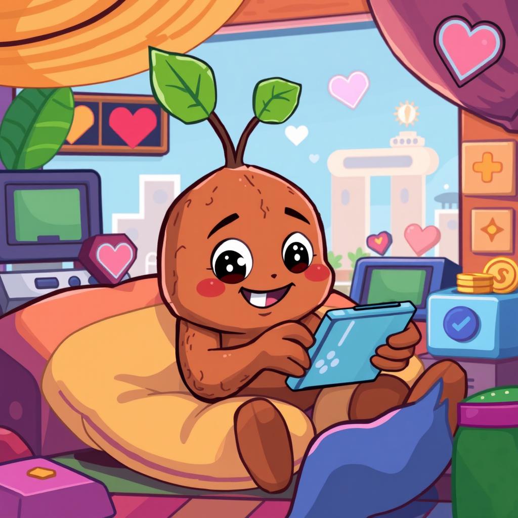 A playful pixel art scene depicting a cartoonish tamarind character engrossed in playing mobile video games