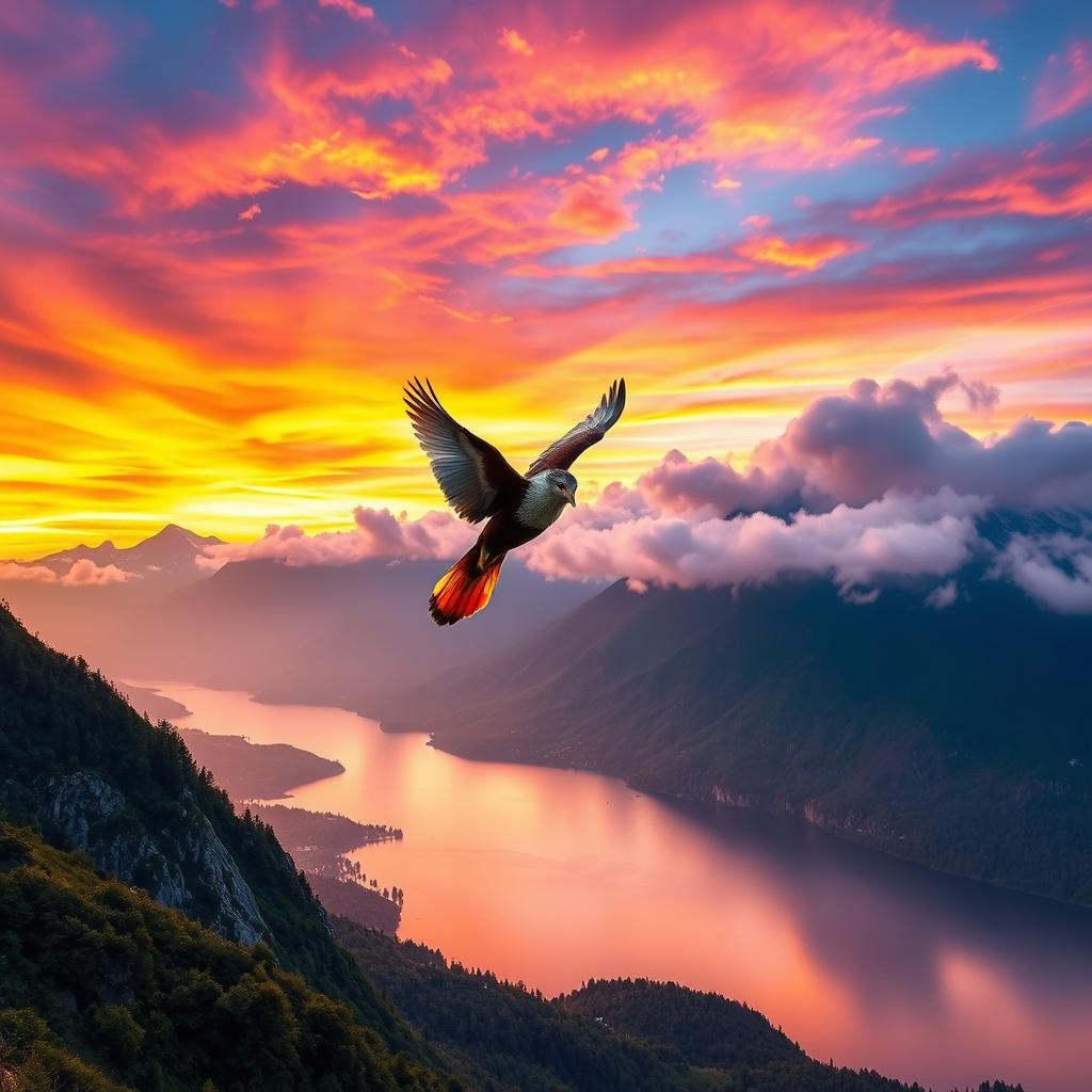 A breathtaking landscape featuring a vibrant sunset sky with stunning hues of orange, purple, and pink, casting warm light over a picturesque mountain range