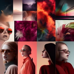 A high-definition, editorial quality mood board styled in a modern conceptual fashion. It consists of five panels that are replete with stunning visuals and vibrant colors.