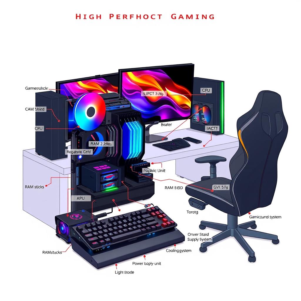 An illustrative drawing of a modern computer setup, showcasing the design labeled as 'High-Performance Gaming PC'