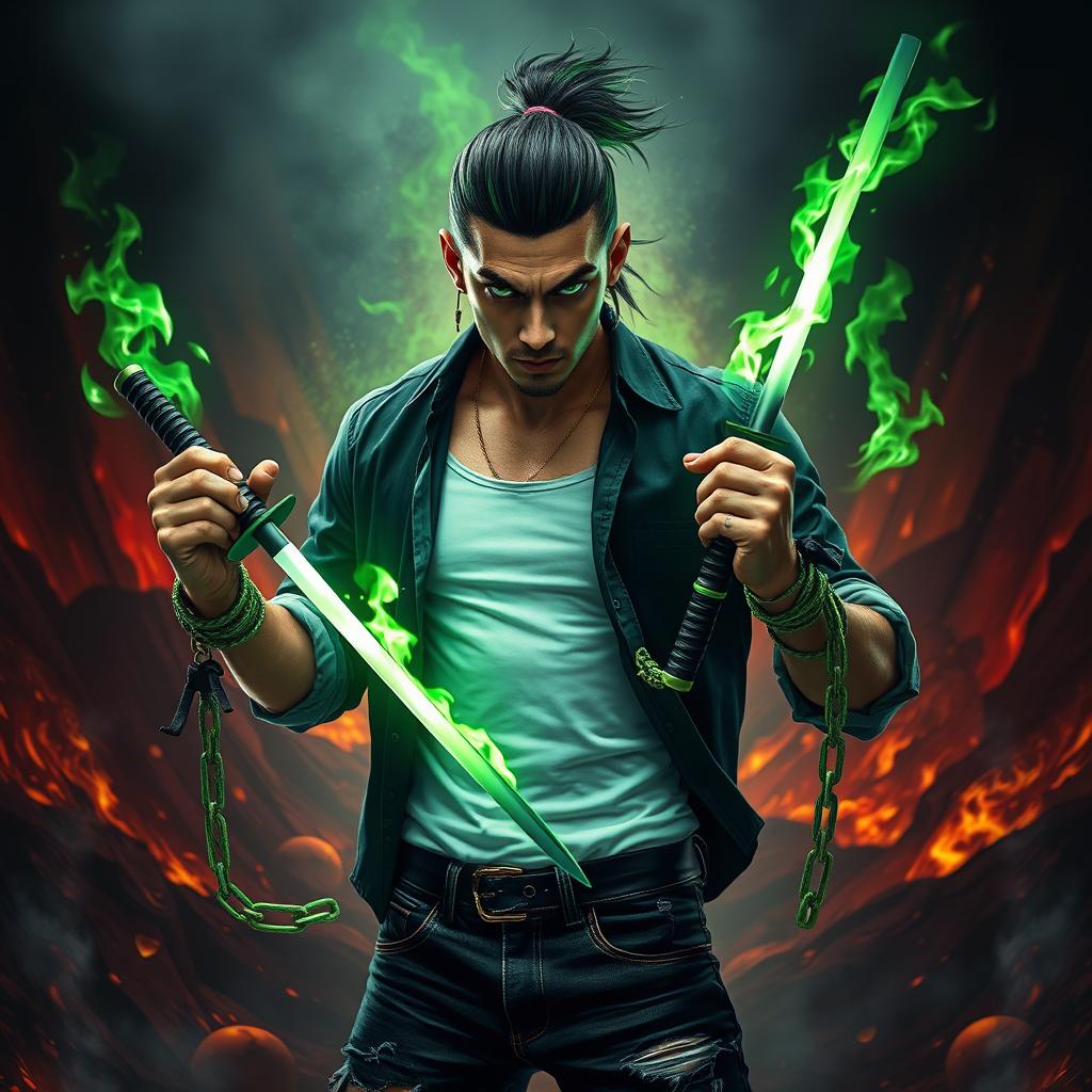 A 25-year-old man with striking black and green hair tied back, wearing torn black jeans and a white undershirt