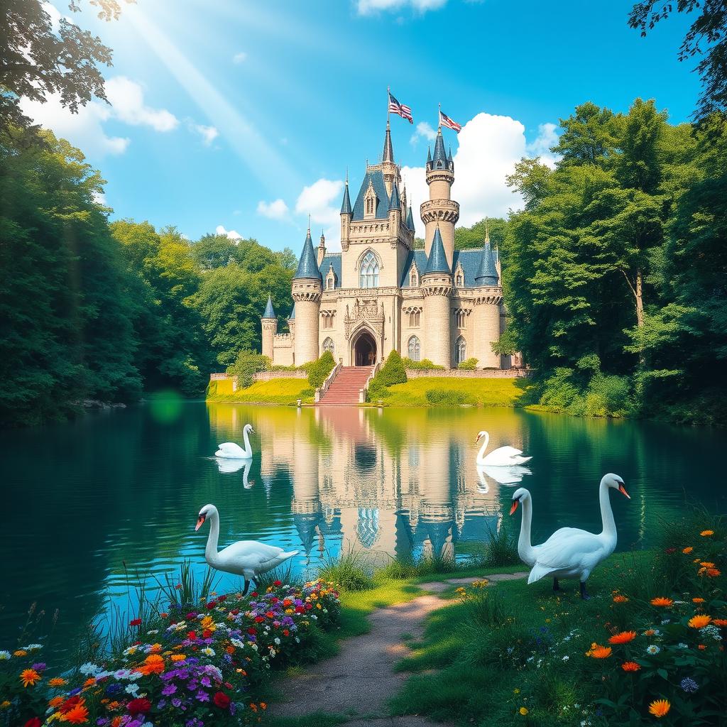 A majestic castle surrounded by a lush forest, with a clear blue sky above and sunlight streaming through the leaves