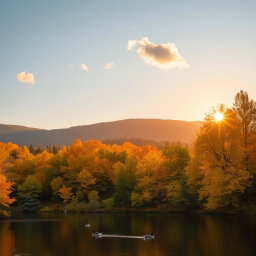 A serene landscape in autumn featuring a colorful forest with golden leaves, a calm lake reflecting the vibrant colors of the trees, and gentle hills in the background