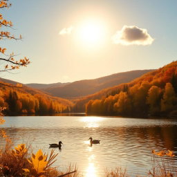 A serene landscape in autumn featuring a colorful forest with golden leaves, a calm lake reflecting the vibrant colors of the trees, and gentle hills in the background