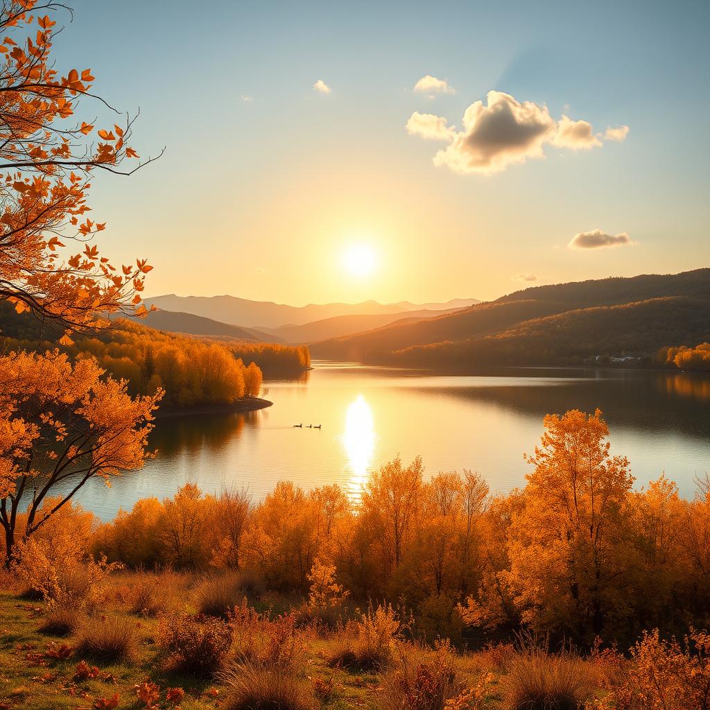 A serene landscape in autumn featuring a colorful forest with golden leaves, a calm lake reflecting the vibrant colors of the trees, and gentle hills in the background