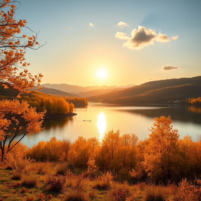 A serene landscape in autumn featuring a colorful forest with golden leaves, a calm lake reflecting the vibrant colors of the trees, and gentle hills in the background