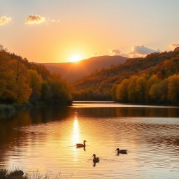 A serene landscape in autumn featuring a colorful forest with golden leaves, a calm lake reflecting the vibrant colors of the trees, and gentle hills in the background