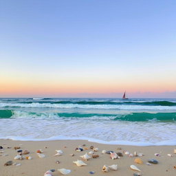 A scenic landscape featuring a serene beach during sunset, with gently crashing waves and a clear sky transitioning into orange and purple hues