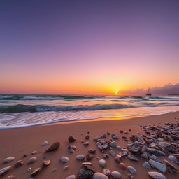 A scenic landscape featuring a serene beach during sunset, with gently crashing waves and a clear sky transitioning into orange and purple hues