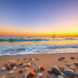 A scenic landscape featuring a serene beach during sunset, with gently crashing waves and a clear sky transitioning into orange and purple hues