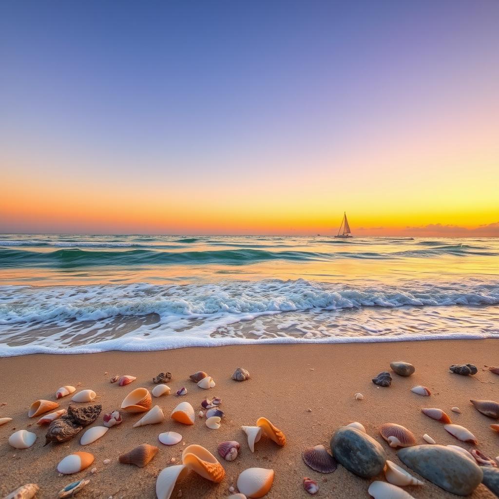 A scenic landscape featuring a serene beach during sunset, with gently crashing waves and a clear sky transitioning into orange and purple hues