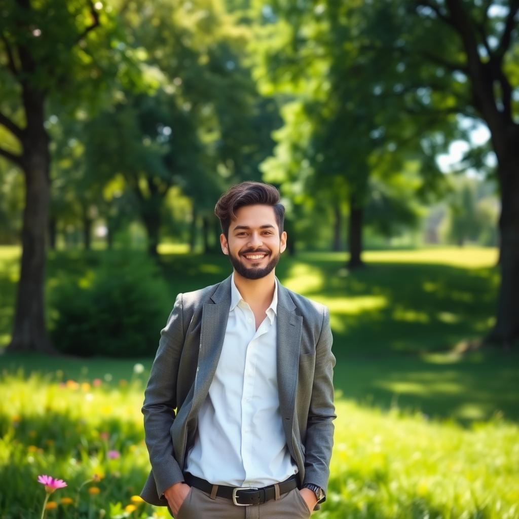 A serene and beautiful outdoor scene featuring a lush green park as the background, with sunlight filtering through the trees, shining on a soft grassy area with colorful wildflowers
