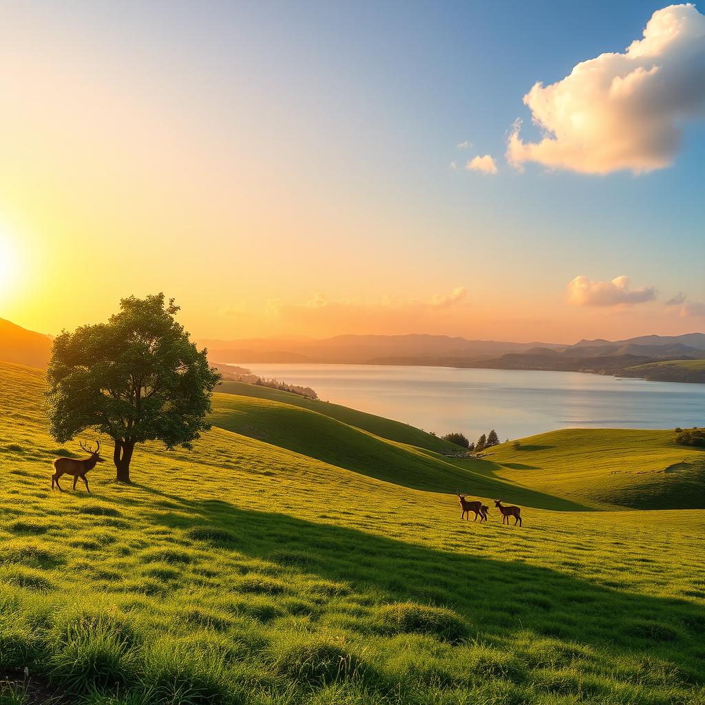 A serene sunset landscape with rolling hills covered in vibrant green grass, a crystal-clear lake reflecting the golden colors of the sky, and a few fluffy clouds scattered across the horizon