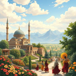 A beautifully detailed illustration showcasing the rich culture of Iran, featuring a scenic view of iconic Persian architecture such as mosques with intricate tile work, surrounded by vibrant gardens filled with blooming flowers and lush greenery