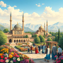 A beautifully detailed illustration showcasing the rich culture of Iran, featuring a scenic view of iconic Persian architecture such as mosques with intricate tile work, surrounded by vibrant gardens filled with blooming flowers and lush greenery