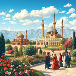A beautifully detailed illustration showcasing the rich culture of Iran, featuring a scenic view of iconic Persian architecture such as mosques with intricate tile work, surrounded by vibrant gardens filled with blooming flowers and lush greenery
