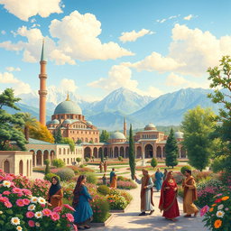 A beautifully detailed illustration showcasing the rich culture of Iran, featuring a scenic view of iconic Persian architecture such as mosques with intricate tile work, surrounded by vibrant gardens filled with blooming flowers and lush greenery