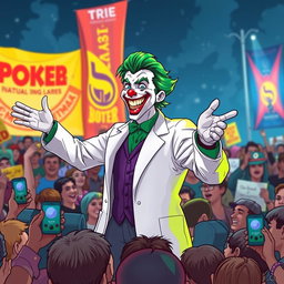A vivid illustration of a Joker character wearing a doctor's lab coat, energetically giving a speech to a large crowd