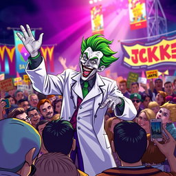A vivid illustration of a Joker character wearing a doctor's lab coat, energetically giving a speech to a large crowd