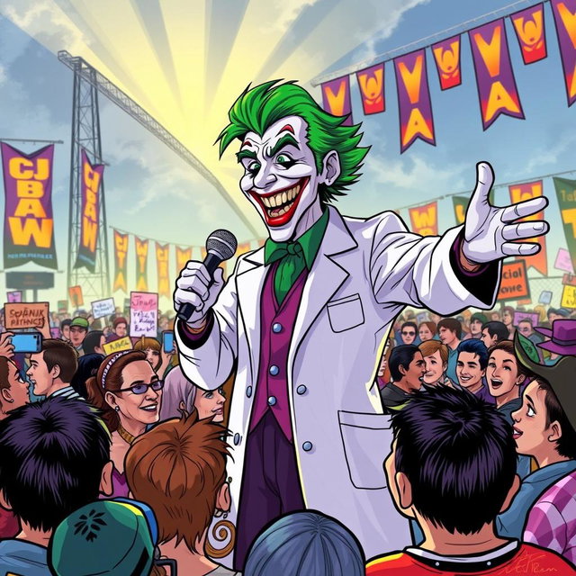 A vivid illustration of a Joker character wearing a doctor's lab coat, energetically giving a speech to a large crowd