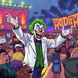 A vivid illustration of a Joker character wearing a doctor's lab coat, energetically giving a speech to a large crowd