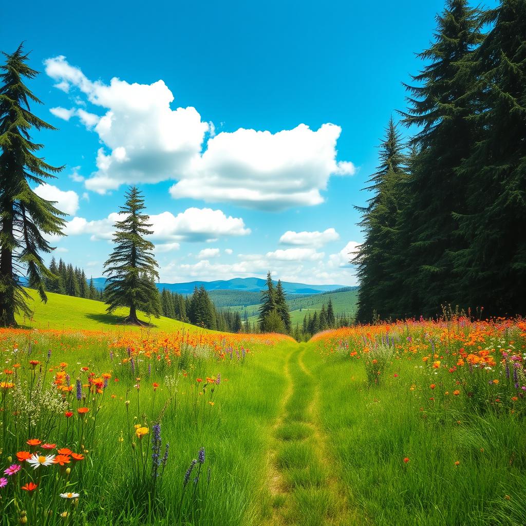 A serene landscape featuring a lush green meadow surrounded by tall, majestic trees and vibrant wildflowers in full bloom