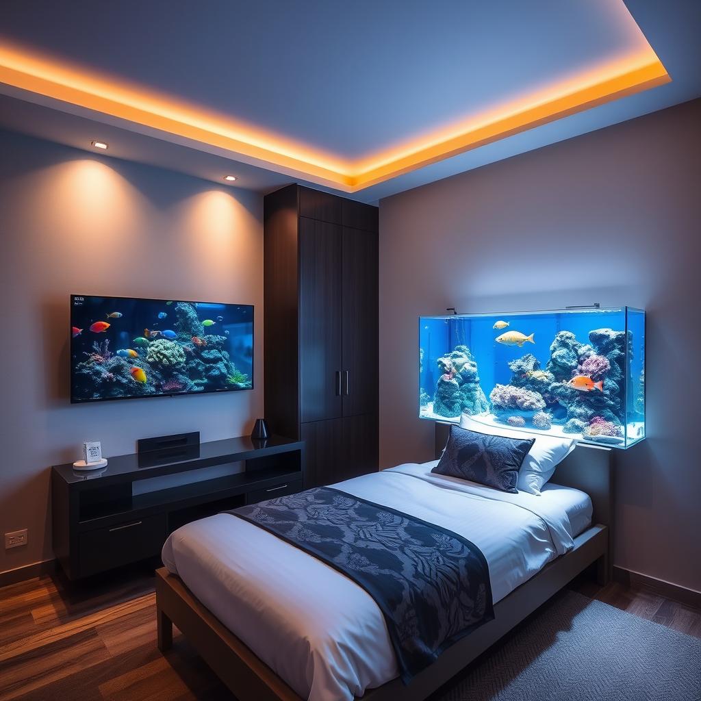 A cozy bedroom featuring a single bed with a stylish design, complemented by a large flat-screen television mounted on the wall