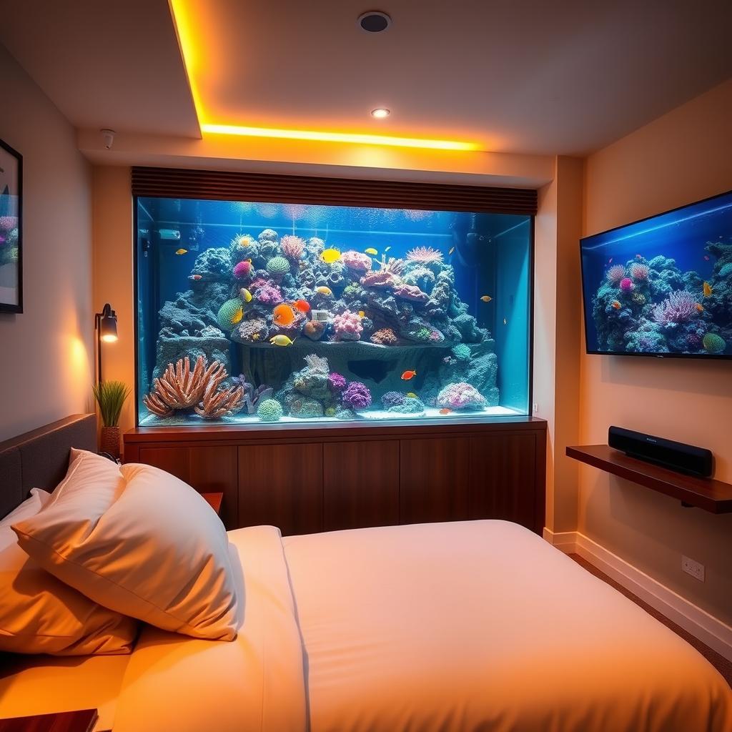 A cozy bedroom featuring a single bed with soft bedding and pillows, directly opposite a large saltwater aquarium filled with colorful fish and vibrant coral