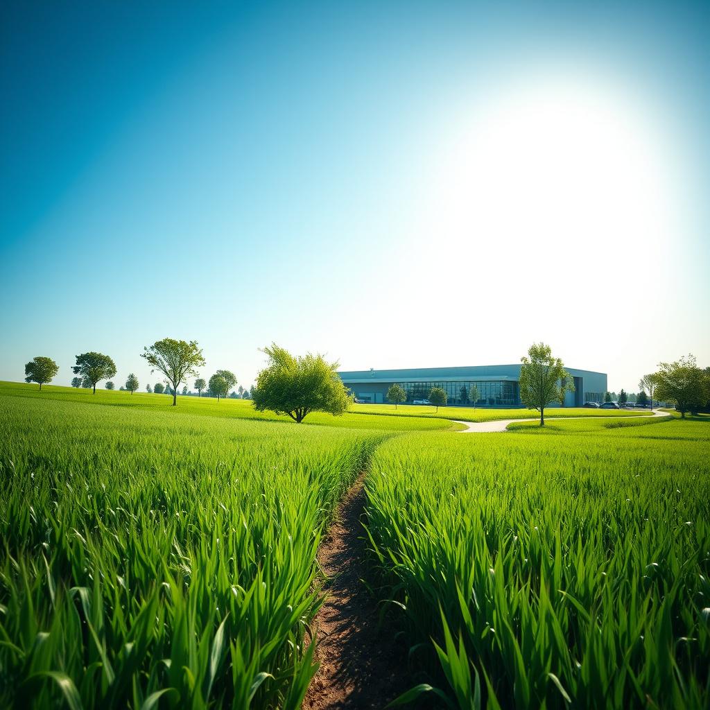 A lush green wheat field under a clear blue sky, featuring a winding road that leads towards a modern factory in the background