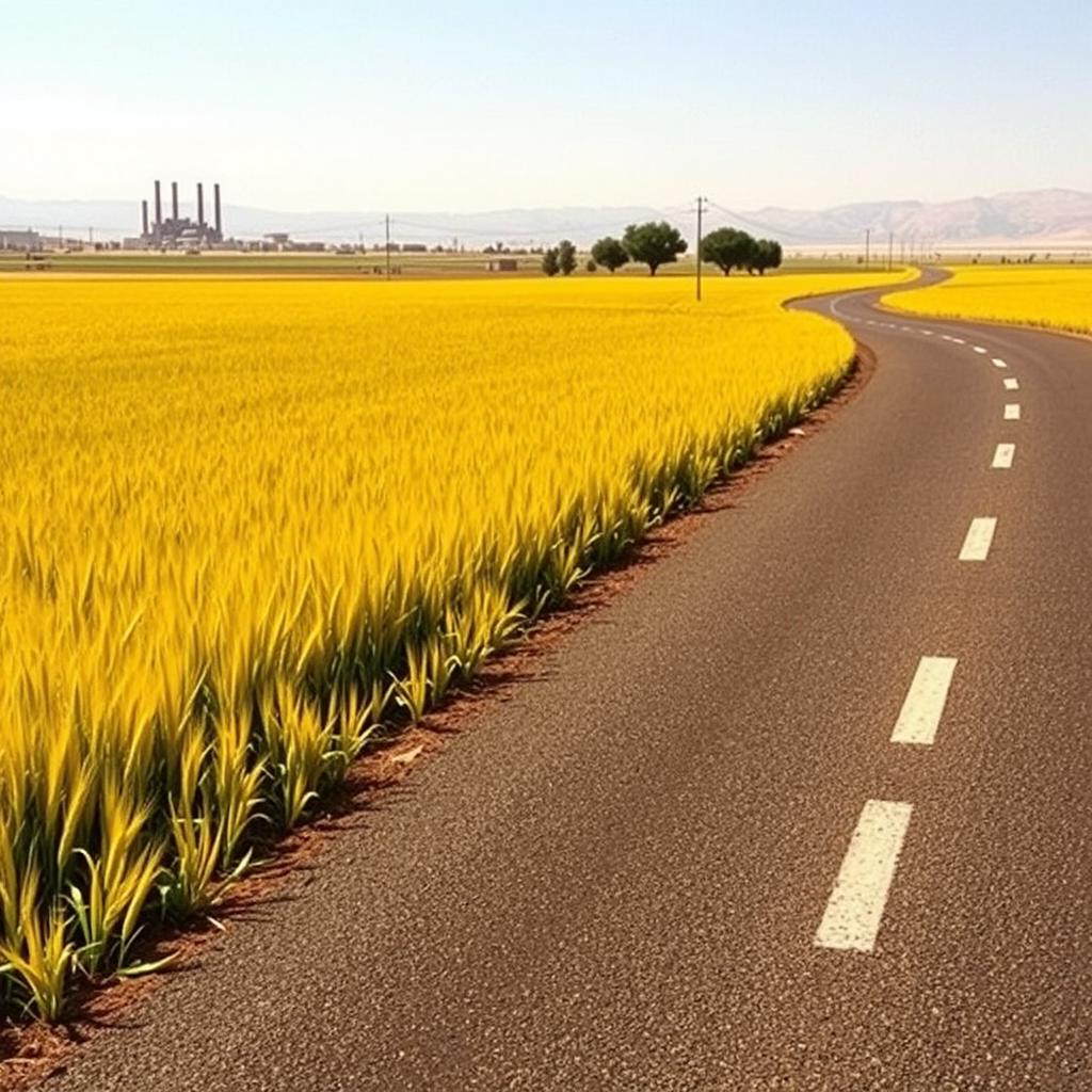 A vibrant green wheat field in a sprawling desert landscape, with an asphalt road leading through it