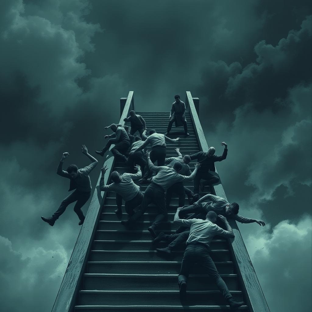 A dramatic scene depicting a high staircase with several indistinct figures tumbling down violently, illustrating a sense of chaos and struggle